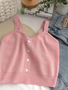 Heliar Tops Women Crop Tops Summer Plain Button Up Cute Knitted Tops Tank Tops for Women New Fashion Trendy Knit Top With Buttons, Pink Knit Tops With Buttons, Pink Knit Top With Buttons, Beach Outwear, College Outfits Women, Tops For Women Casual, Strappy Tank Tops, Pink Fits, Summer Crop Tops