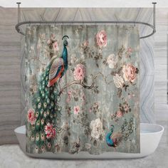 a shower curtain with a peacock and flowers on it in front of a bathtub