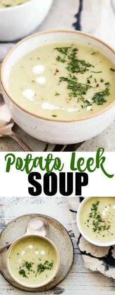 two bowls of potato leek soup with spoons on the side and in front