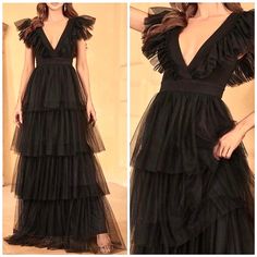 New Gorgeous Fluffy Mesh Tiered Ruffle Maxi Dress Gown * Short Sleeve * Deep V Neck * Banded High Waist * A Line Short Tiered Ruffle Maxi Skirt * Back Zip *Approximate Unstretched Measurements* Xs(2) * Bust Up To 34" * Waist 25.25"(Up To 26") * Length 61.25" Small (4) * Bust Up To 35.25" * Waist 27.25"(Up To 27.5") * Length 61.75" Medium (6) * Bust Up To 37" * Waist 29"(Up To 29") * Length 62.25" Large (8/10) * Bust Up To 39.25" * Waist 31"(Up To 31.5") * Length 62.75" Xl (12) * Bust Up To 41.5" Black V-neck Ruffled Maxi Dress, Black V-neck Maxi Dress With Ruffles, Black Tulle Dress With Ruffles, Black Ruffled Maxi Dress For Gala, Black Tiered Maxi Dress For Formal Occasions, Black Tiered Dress For Gala, Black Maxi Evening Dress With Ruffles, Black Floor-length Dress With Ruffles, Black Ruffled Maxi Dress For Wedding