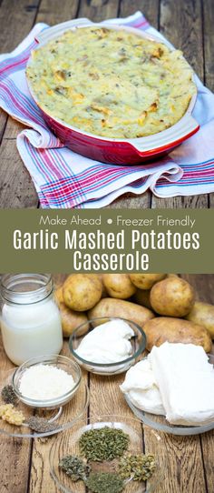 garlic mashed potatoes casserole with cream cheese in the middle and other ingredients