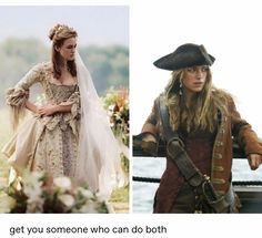 two pictures of women dressed as pirates and one is wearing a wedding dress with long sleeves