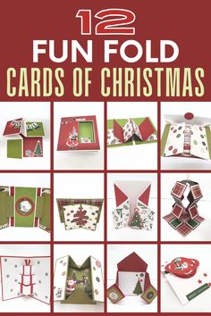 twelve christmas cards with the words 12 fun fold cards of christmas