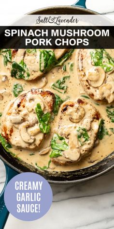 spinach mushroom pork chops with creamy garlic sauce in a cast iron skillet