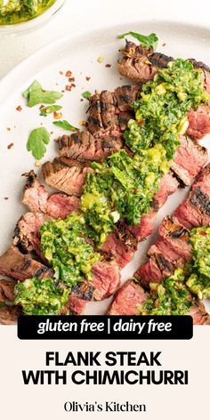 steak with chimichurri sauce on a white plate