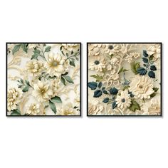 two paintings with flowers and leaves on them, one in white and the other in green