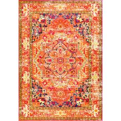 an orange and red area rug on a white background with the center medallion design in gold