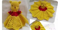 a crocheted teddy bear in a yellow dress