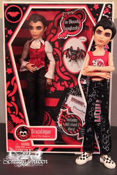 two dolls are posed next to each other in front of a black and red background