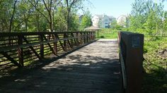 a wooden bridge over a small stream in a park with houses on the other side