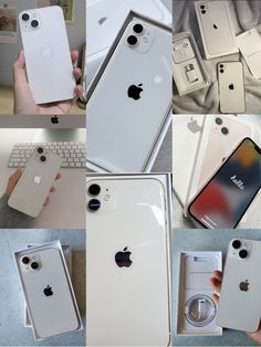 several pictures of different models of iphones in their boxes, including one with an apple logo on the back