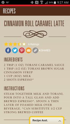 the recipe for cinnamon roll caramel latte is shown in this screenshote