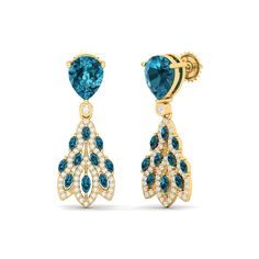 These exquisite earrings draw inspiration from the resplendent peacock's vibrant feathers, showcasing an array of vivid colors and intricate patterns. The peacock-inspired earrings are a celebration of beauty and the confident allure that comes with it.   Diamond round weight is 0.42 & color stone weight is 4.24 NET WEIGHT (10K):4.83 NET WEIGHT (14K):5.43 NET WEIGHT (18K):6.50 Elegant Blue Peacock Design Earrings, Types Of Gemstones, Color Stone, Pink Amethyst, London Blue Topaz, Feel Special, Diamond Design, London Blue, Intricate Patterns