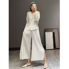 Pleated Matching Sets Fall Clothes Women Plus Size Suit Korean Fashion 2 Piece Wide-leg Pants Crop Top Long Sleeve Casual Ankle-length Pants Sets For Work, Summer Workwear Sets With Ankle-length Pants, Spring Casual Sets With Ankle-length Pants, Summer Loungewear Set With Ankle-length Pants, Summer Lounge Sets With Ankle-length Pants, Non-stretch Wide Leg Loungewear Sets, White Long Pants Sets For Spring, Casual Wide Leg Daywear Sets, Casual Wide Leg Sets For Daywear