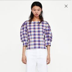 New With Tag Chic Plaid Puff Sleeve Tops, Casual Plaid Top With Puff Sleeves, Chic Short Sleeve Plaid Blouse, Chic Plaid Summer Tops, Summer Plaid Puff Sleeve Blouse, Summer Plaid Puff Sleeve Tops, Spring Plaid Puff Sleeve Top, Plaid Puff Sleeve Tops For Summer, Chic Plaid Short Sleeve Tops