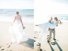 a bride and groom walking on the beach with footprints in the sand as they hold each other's hands