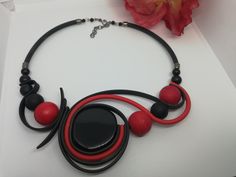 Modern Red Adjustable Necklace, Red Polymer Clay Necklace For Gift, Modern Black Handmade Necklace, Unique Red Polymer Clay Necklace, Black Necklace With Unique Variations For Gift, Black Necklaces With Unique Variations As Gifts, Unique Handmade Black Choker, Unique Red Choker For Gift, Unique Red Choker As A Gift