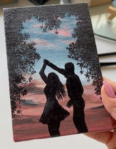 a painting of two people dancing under a tree with the sun setting in the background