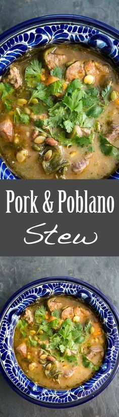 pork and poblano stew in a blue bowl