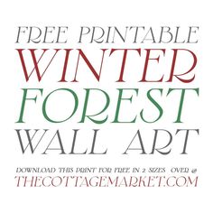 a poster with the words free printable winter forest wall art in red and green