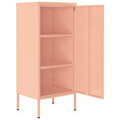 an open pink cabinet with shelves on one side and two doors on the other, in front of a white background