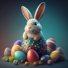 an easter bunny is sitting in the middle of some eggs with sprinkles on them