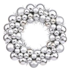 a silver christmas ornament wreath on a white background with lots of ornaments around it