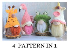 four crocheted gnomes in different colors and sizes with text overlay that reads, 4 pattern in 1