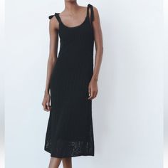 Midi Dress With Open Hole Knit. Fully Lined, Knotted Strap Detail. New With Tags, Never Worn. High Neck Lace Dress, Zara Midi Dress, Zara Maxi Dress, Black Beaded Dress, Red Slip Dress, Textile Waste, Boho Midi Dress, Cotton Textile, Shift Dress Black