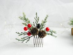 Winter hair accessories with pine cones, faux greenery and berries is perfect hair accessories for a wedding, birthday party or a photo shoot * Size on foto * Amazing details. These flowers look so incredibly realistic. They are light weight. The perfect hair piece for your special day!  ♥ Take a peek at other accessories with flowers in my shop! :) https://www.etsy.com/shop/FloralAccessoriesUA Winter hair piece https://www.etsy.com/shop/FloralAccessoriesUA?ref=seller-platform-mcnav&section_id=3 Winter Wedding Hair, Bride Hair Piece, Floral Accessories Hair, Faux Greenery, Wedding Hair Comb, Bride Hair, Wedding Hair Flowers, Winter Hair, Flower Hair Pin