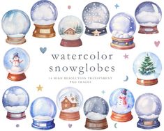 watercolor snow globes with christmas trees and houses