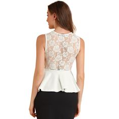 This piece features an illusion sweetheart neckline, and unexpected details like a peplum at the waist, and a partially sheer lace fabrication. Left partially sheer lace at the bodice and back, a contemporary take on a classic vintage lace summer top shows off an alluring sophisticated figure. Wear it to the office or to go out over a pair of pants or shorts and look effortlessly put together. Occasion: Shopping, Dating, Office, Weekend Gathering, Daily Wear, Casual, etc. Elegant Sleeveless Sheer Blouse, Sleeveless Contrast Lace Party Top, Feminine Lace Top With Lace Bodice For Party, Contrast Lace Sleeveless Party Top, Party Sleeveless Top With Contrast Lace, Elegant Sleeveless Lace Top, White Fitted Peplum Top, Elegant Sleeveless Lace Top With Contrast Lace, Fitted Lace Trim Peplum Top