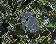 a painting of a koala sitting on a tree branch in front of green leaves