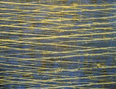 an abstract painting with yellow and blue lines on the bottom, in shades of blue and yellow