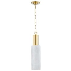 a white and gold chandelier hanging from a ceiling fixture with a chain attached to it