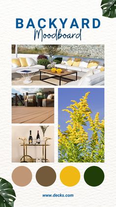 the back yard mood board is shown with different colors and furniture, including couches, tables