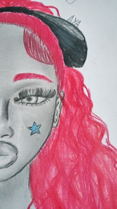 a drawing of a woman with red hair and stars on her forehead