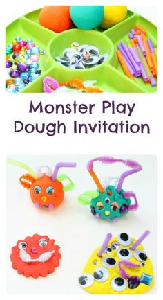 an image of a website page with toys and crafts on the front, and text that reads monster play dough invitation