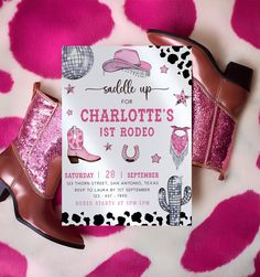 a pink and black shoe themed birthday party card on a leopard print background with hot pink glitter boots