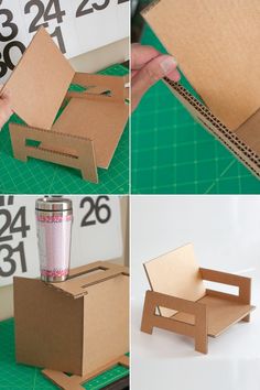 four pictures showing how to make a cardboard chair out of an empty box and cut it in half