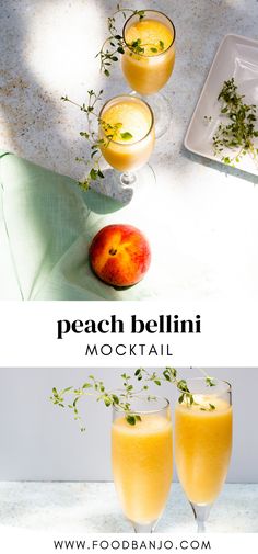 peach bellini cocktail in glasses with fresh fruit and herbs on the rim, next to an apple