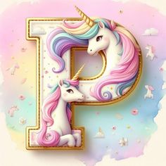 the letter p is decorated with an image of two unicorns on top of it