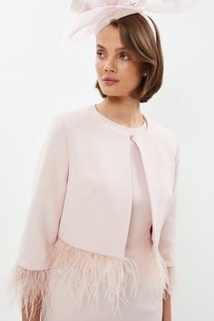 Style: JacketFabric: CrepeLength: CroppedNeckline: CrewSleeve Length: 3/4 Sleeve Wedding Blazers, Feather Cuff, Elegant Jacket, Light Pink Dress, Jackets Uk, Trim Jacket, Feather Trim, Todays Outfit, Formal Outfit