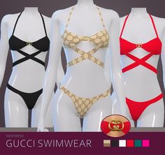 three female mannequins wearing different colored swimsuits with gold buckles