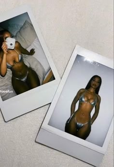 two polaroid photos of women in bikinis one is taking a selfie and the other is holding a camera