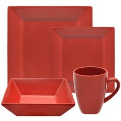 a red dinnerware set with two cups and one plate