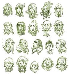 some sketches of people with different facial expressions and hair styles, all drawn in green ink