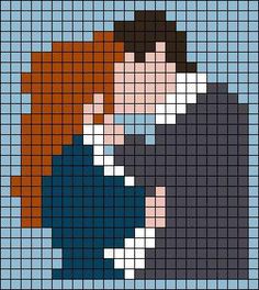 a cross stitch pattern with two people hugging each other in front of a blue background