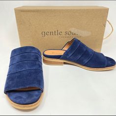 New In Box! Kenneth Cole Gentle Souls Blue Suede Sandals -Absolutely Stunning, Gorgeous Blue Suede Sandals -Leather Upper And Lining Is So Soft -Organic Comfort Shoes Combine Fashion And Comfort -Features Flaxseed Pillows/Memory Foam Embedded In The Footbed That Mold To The Shape Of Your Foot Providing Cushioned Support With Every Step. -This Revolutionary Technology Is Lined With The Finest, Most Supple Leather To Ensure A Comfort That’s As Natural As Walking -Insole Is Super Comfy -Peep Toe -S Blue Suede Sandals For Summer, Blue Suede Slip-on Mules, Blue Slip-on Open Toe Sandals, Casual Blue Suede Sandals, Kenneth Cole Shoes, Flaxseed, Comfort Shoes, Suede Sandals, Blue Suede