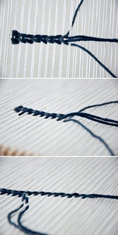 three different pictures of yarn being woven together